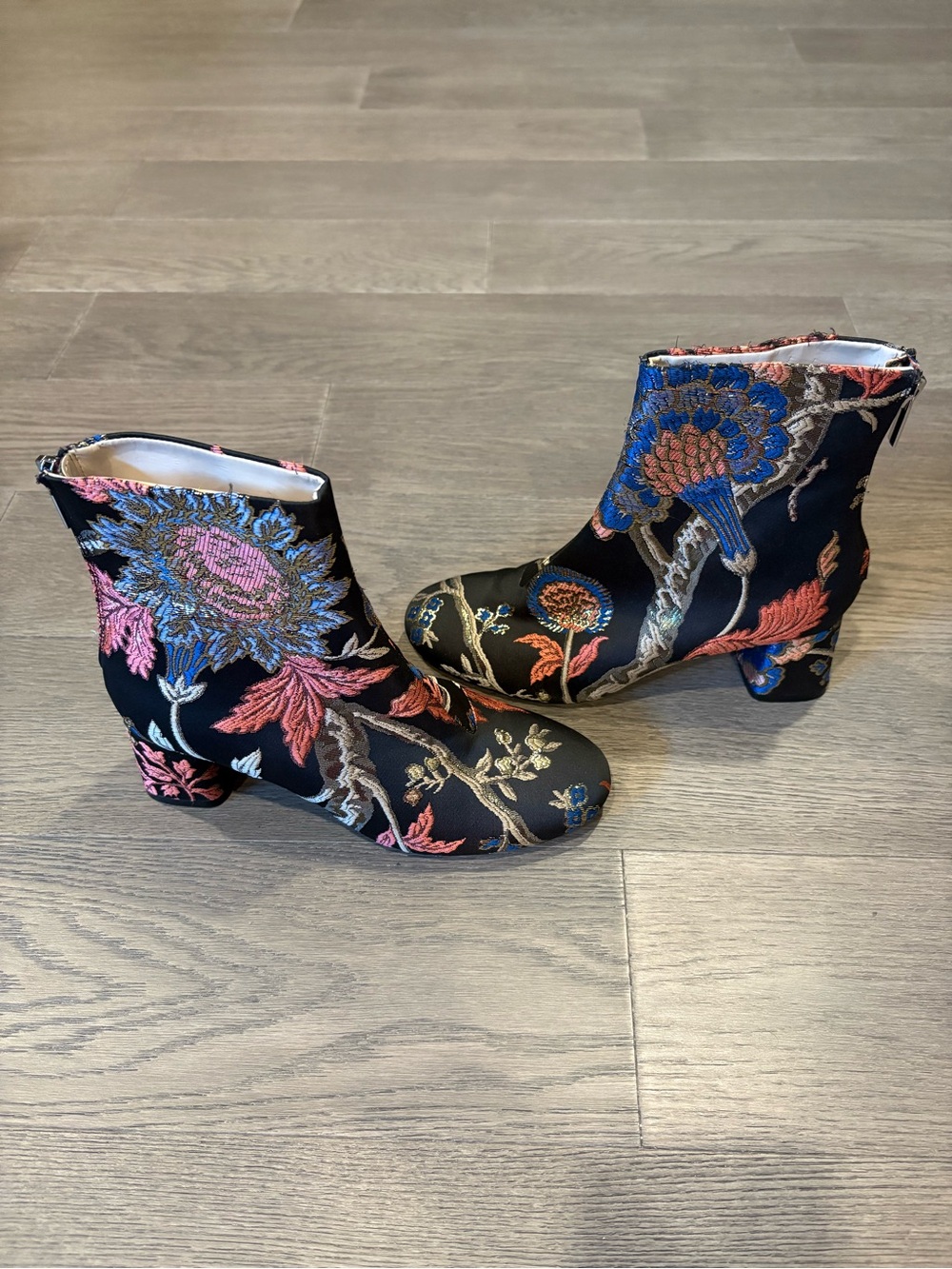Zara Black Ankle Booties with Pink and Blue Jacquard Floral Design